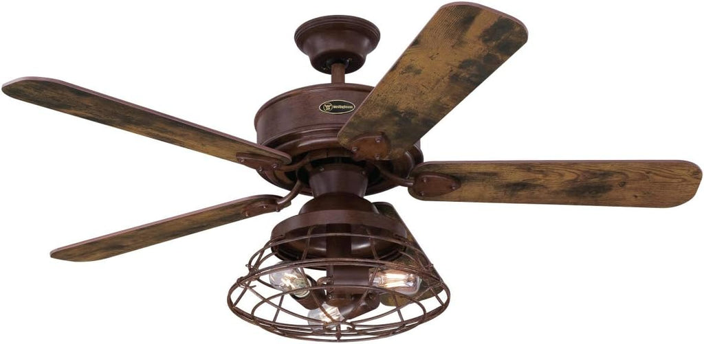 Westinghouse Lighting 7220540 Ventilateur de Plafond D'Intérieur Barnett de 122 cm en Bois Nu, Kit DÉclairage LED à Variateur avec Abat-Jour Cage, Télécommande Incluse