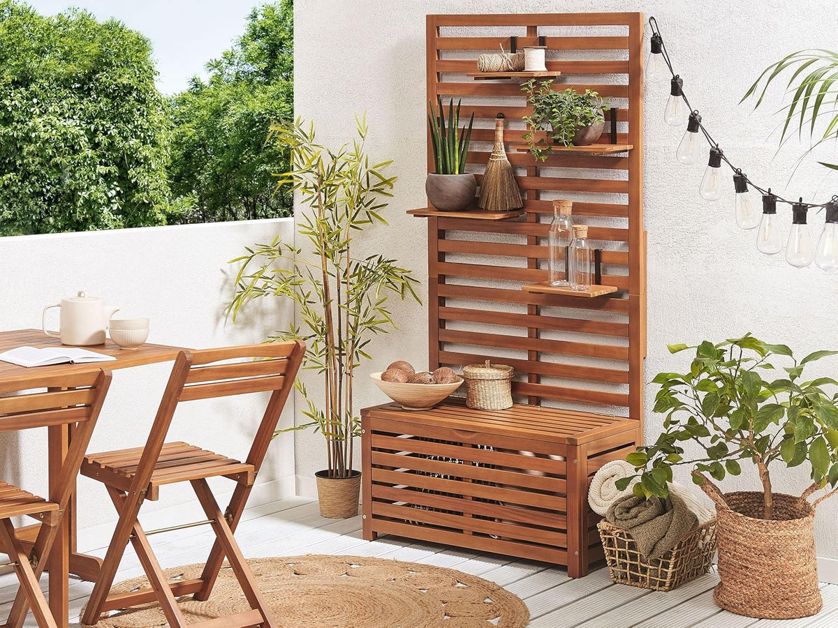 Beliani Banc de Rangement Extérieur avec Étagères Murales en Bois d'Acacia 80 cm Matino