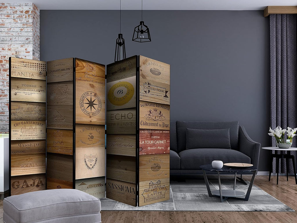 decomonkey - Paravent décoratif intérieur Bois Rétro 225x172 cm - Cloison de séparation - Gris Vert Blanc Beige - Inscriptions en Bois à Motif Marron sur Fond de Texture de Miel épicé français