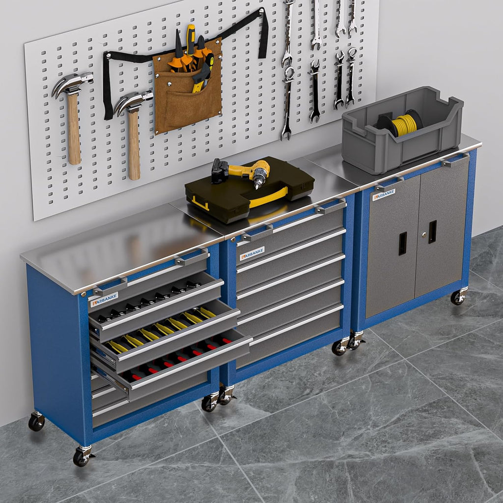 LARBANKE Commode à outils combinée à 12 tiroirs avec plan de travail en acier inoxydable, système de verrouillage, meuble de rangement à outils avec roulettes et pieds rembourrés