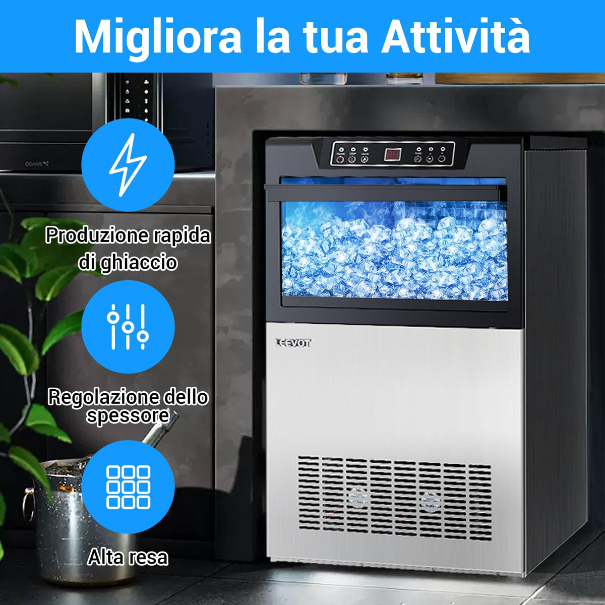 LEEVOT Machine à glaçons professionnelle - Machine à glace maison 45 kg/24 h, 320 W, pour maison, bar et usage commercial