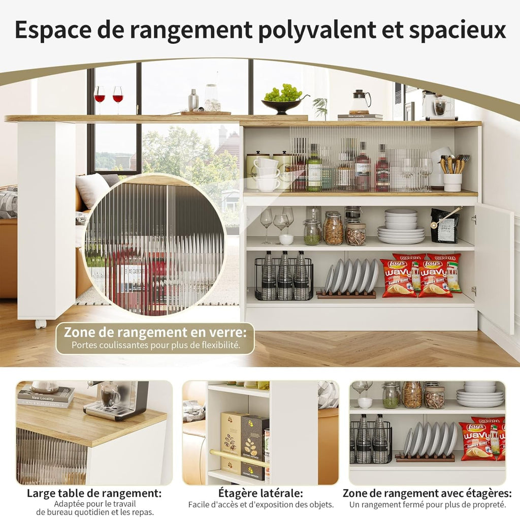 KOMHTOM Table de Bar Extensible avec Espace de Rangement, Meuble Bar avec 2 Portes en Verre, Rotation Libre à 360 °, étagères latérales (Blanc)