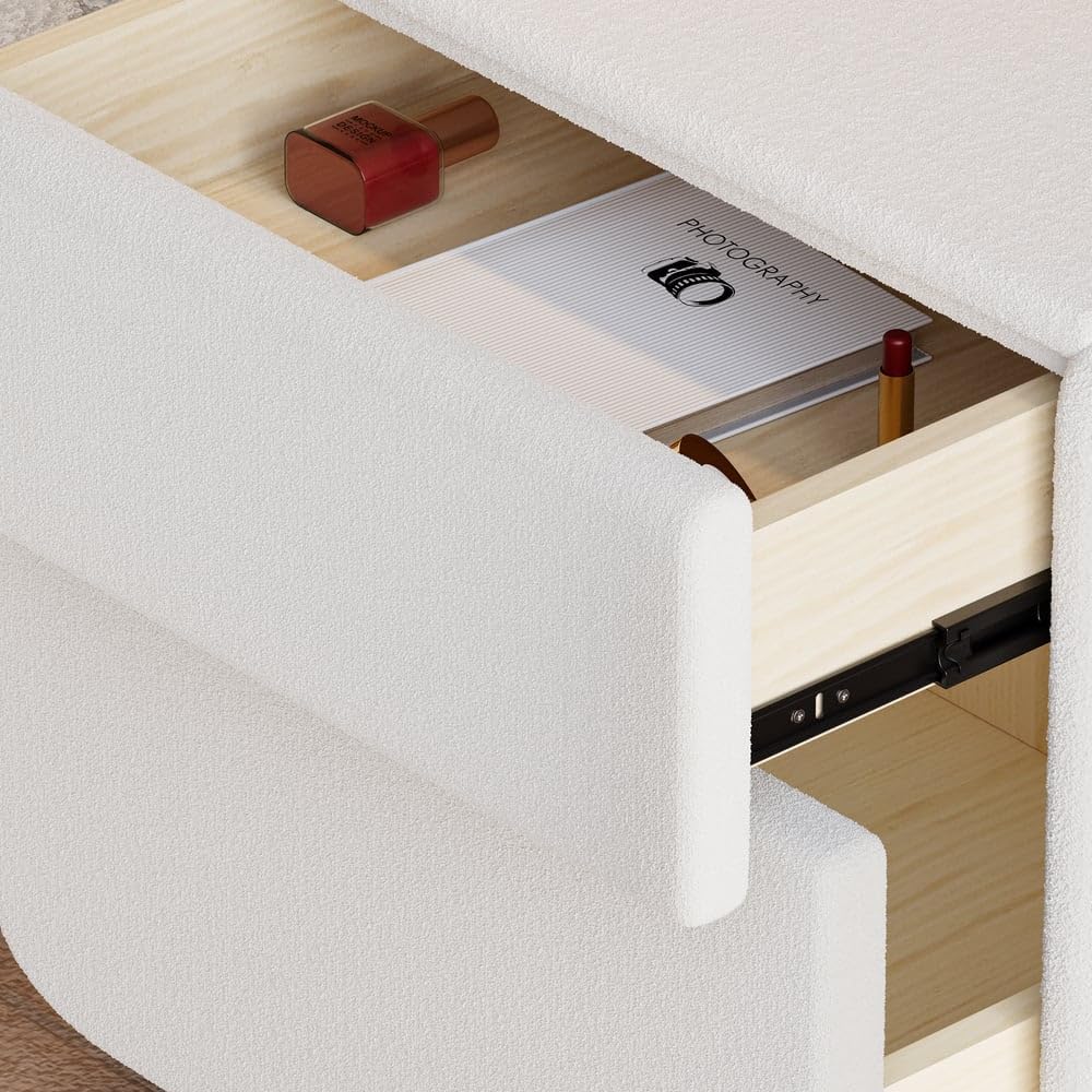 Homary Table de Chevet LED Smart Blanc Bouclé 2 Tiroirs, Recharge sans Fil/Filaire, Pieds Noisetier, Petit Meuble Rangement pour Chambre Adulte