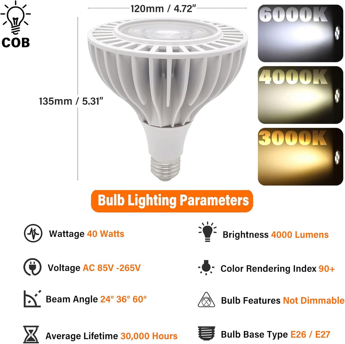 PAZWAHF Lot de 8 Ampoules LED PAR38 COB 40 W Ultra Lumineuses 4000 lumens Spectre Complet CRI 90+ 85 V-265 V AC Tension Universelle, Base Moyenne, Non Variable