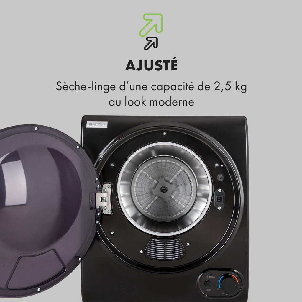 KLARSTEIN Jet Set 2500 - sèche-linge, par extraction, chargeur frontal, 850 W, pose libre/encastré, 2,5 kg, élément chauffant PTC, réglable jusqu'à 60 °C, minuterie 20 à 200 mn, compact, noir