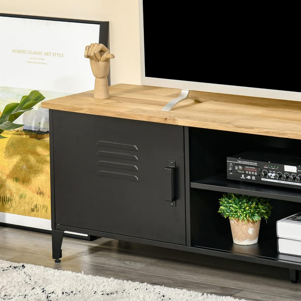 HOMCOM Meuble TV Banc TV pour téléviseurs de 55'' avec 2 Placards Pieds Réglables Cadre métalique Noir Plateau en Bois Naturel 150 x 40 x 50 cm