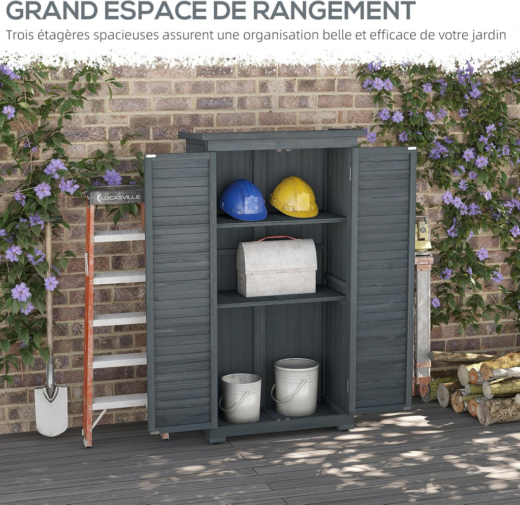 Outsunny Abri de Jardin abri à Outils sur Pied en Bois 2 étagères Portes à Volets Toit en Bitume incliné 87 x 47 x 160 cm Gris