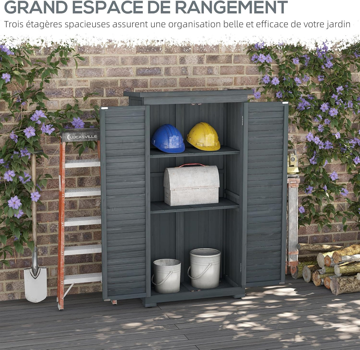 Outsunny Abri de Jardin abri à Outils sur Pied en Bois 2 étagères Portes à Volets Toit en Bitume incliné 87 x 47 x 160 cm Gris