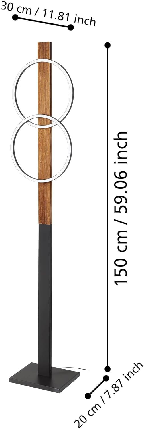 Eglo Lampadaire LED Boyal, luminaire intérieur à pied avec 2 cercles lumineux, lampe de salon rustique en bois flambé et métal noir, éclairage blanc chaud, 150 cm