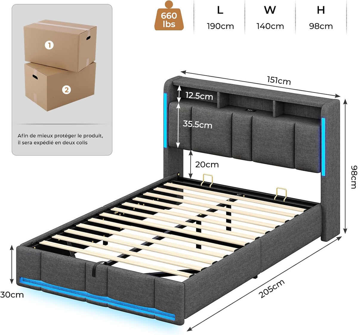 AOGLLATI Lit Coffre 140x190 CM, Lit Double avec LED et Ports USB, Cadre de lit avec Tête de Lit capitonné et Rangement, Lattes en Bois, Lin Gris Foncé sans Matelas