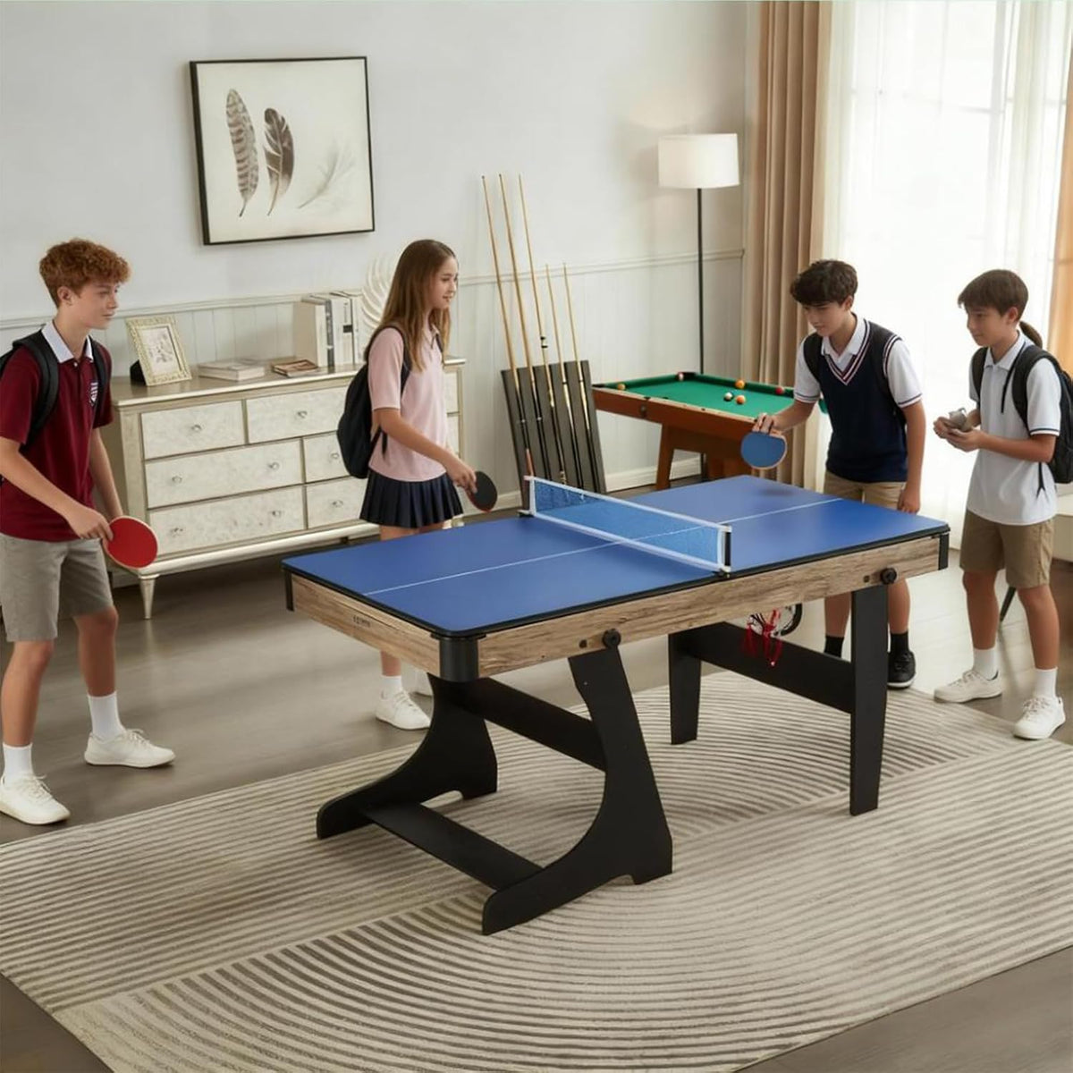 LINRIYOU Portable Table Multi-Jeux 4 en 1, Billard, Tennis De Table, Basketball, Meuble De Jeux Pliable avec Rangement Vertical, IdéAle pour Enfants Et Famille(Color:Green)