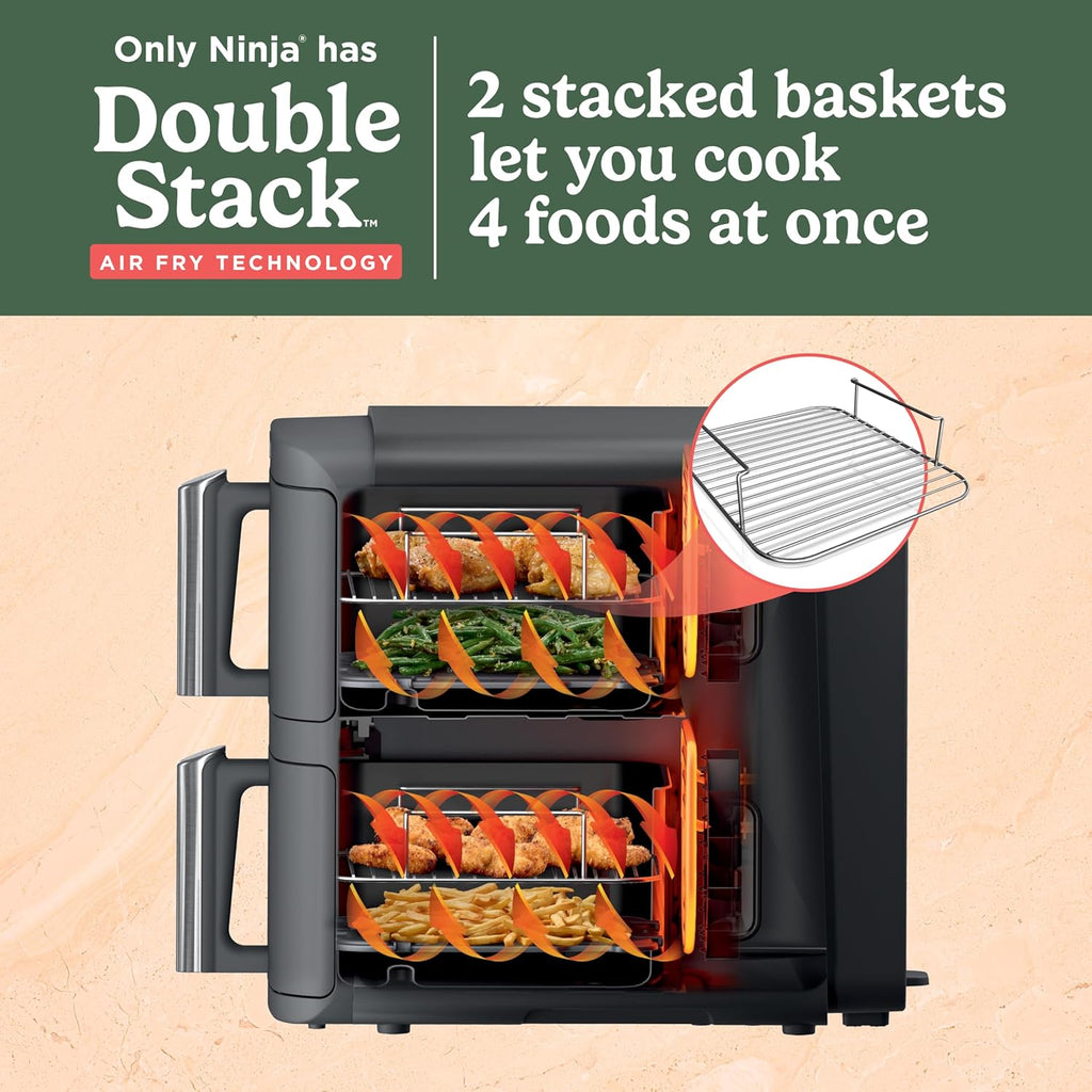 Ninja SL401 DoubleStack XL Friteuse à air comprimé à 2 paniers, technologie DoubleStack cuit 4 aliments à la fois, design compact, 10 litres, 6 en 1, finition intelligente et cuisson des allumettes