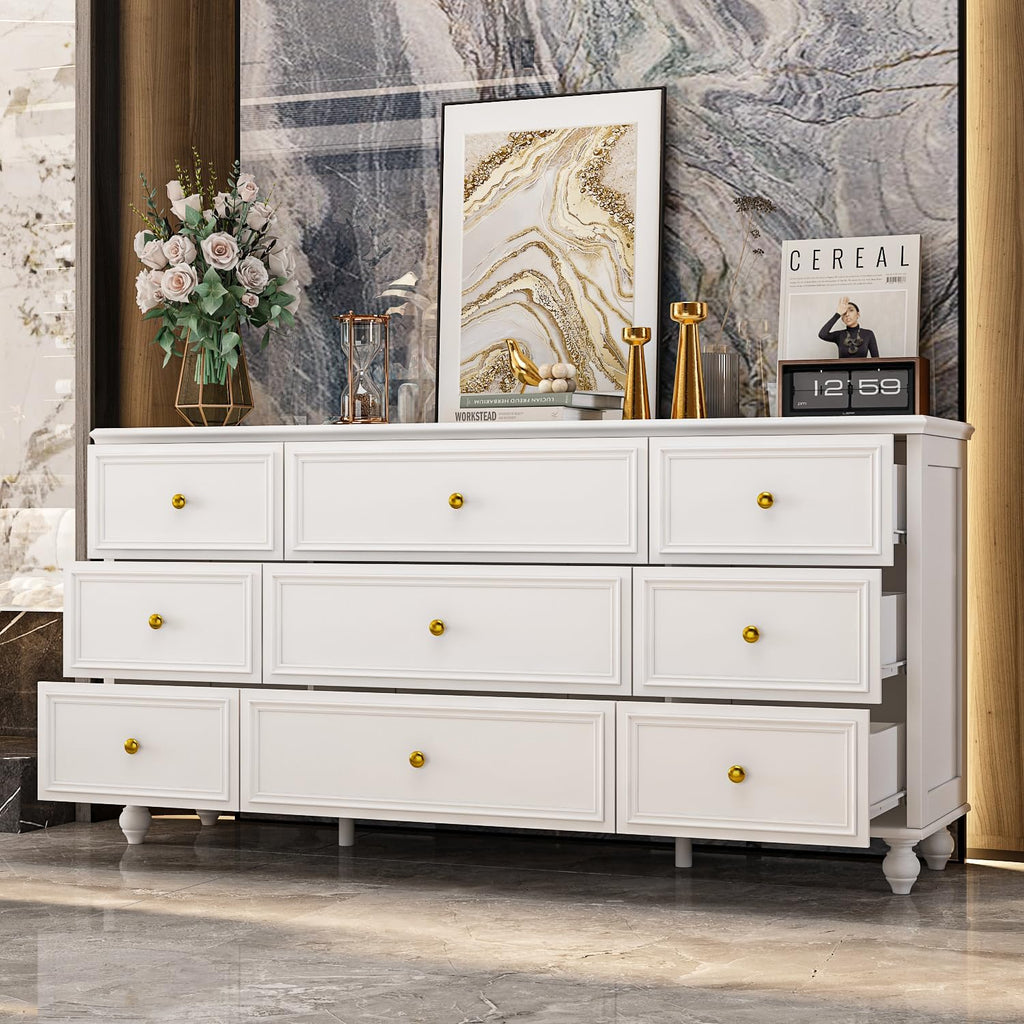 PREMTURE Commode blanche avec 9 tiroirs, commode pour salon, MDF, 160 x 40 x 80 cm, panneau MDF épais JRDE0005-3900