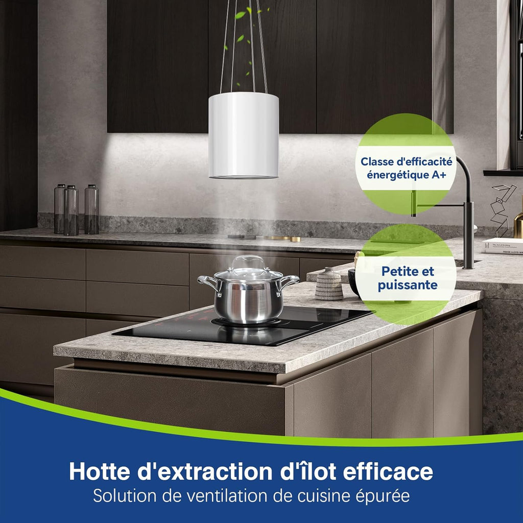 SNDOAS Hotte Îlot Central 700 m3/h, Hotte Aspirante 35cm avec 3 Vitesses, A+, Éclairage LED, Filtres à Charbon et Fonction Retard 5 minutes , Blance, Hotte Suspendue Recyclage