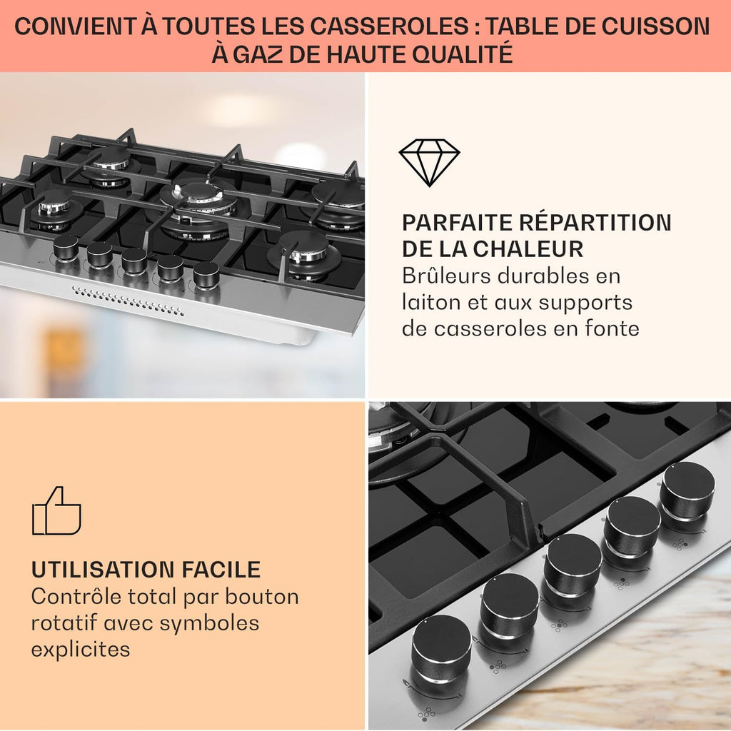 Klarstein 10.4 kW Inox Plaque de Cuisine Gaz Encastrable 5 Feux, Table de Cuisson à Gaz 5 Brûleurs, Piano Gaz en Acier Inoxydable