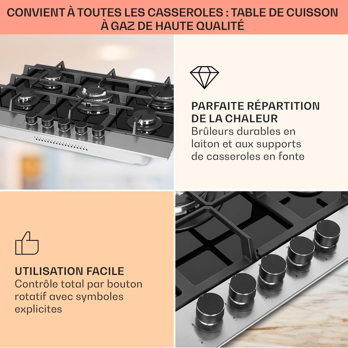 Klarstein 10.4 kW Inox Plaque de Cuisine Gaz Encastrable 5 Feux, Table de Cuisson à Gaz 5 Brûleurs, Piano Gaz en Acier Inoxydable