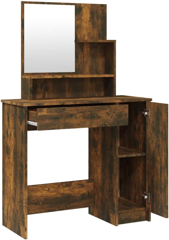 AJJHUUKI Armoires et meubles de rangement - Coiffeuse pour chambre à coucher - Coiffeuse avec miroir - Chêne fumé - 86,5 x 35 x 136 cm