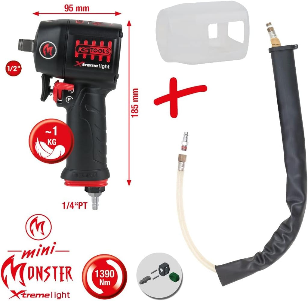 KS Tools 515.1155 - Clé à Choc Pneumatique Mini Monster Xtremelight 1/2'' - Boulonneuse à Choc avec Silencieux et Protection Silicone - Visseuse à Choc Électrique Ultra Légère - Puissance Max 1390 Nm