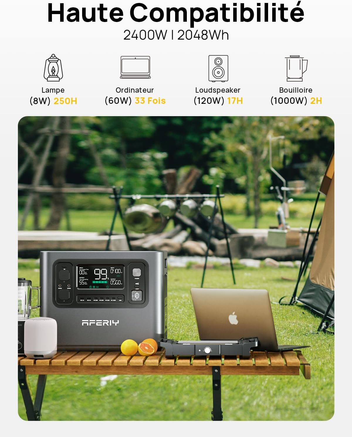 AFERIY Generateur Electrique Portable 2400W, Battetie Nomade 2048Wh, Station Electrique Portable Charge Rapide en 1.5H, 220-240V, UPS, Générateur Solaire pour Camping-car/Maison/Bureau, Garantie 7 Ans