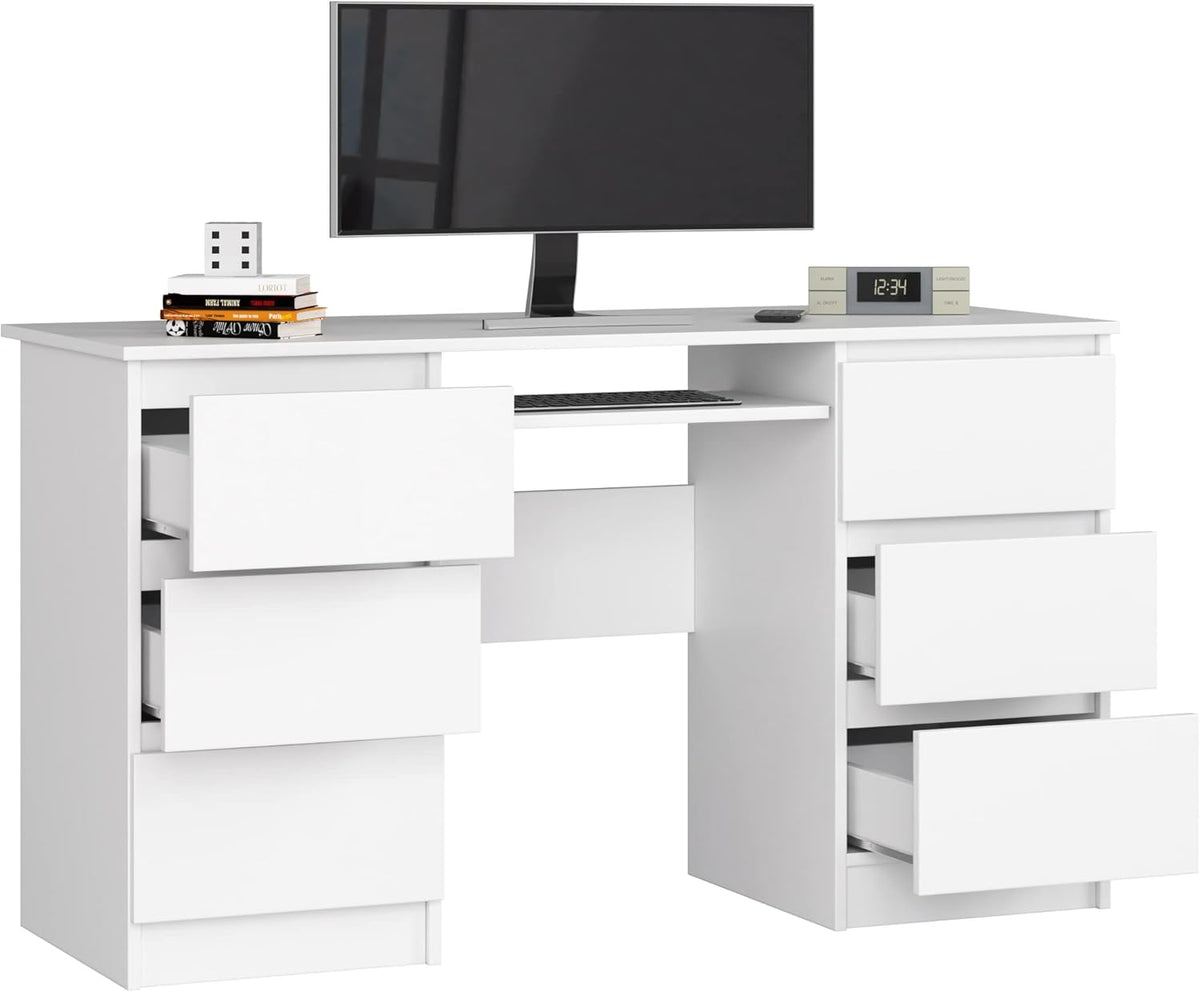 AKORD Bureau Ordinateur PC A11 avec Tablette Clavier | L135 x H77 x P50 cm 60 kg | 6 Tiroirs | Grand Bureau de Chambre PC Desk Table, Moderne