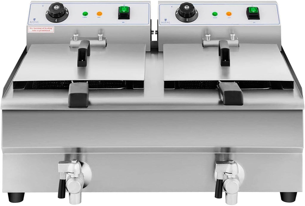 Royal Catering Friteuse Électrique 2 x 13 L, Zone Froide, Thermostat, De Restaurant Double Avec Robinet Professionnelle Commerciale