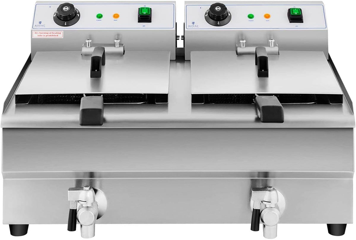 Royal Catering Friteuse Électrique 2 x 13 L, Zone Froide, Thermostat, De Restaurant Double Avec Robinet Professionnelle Commerciale