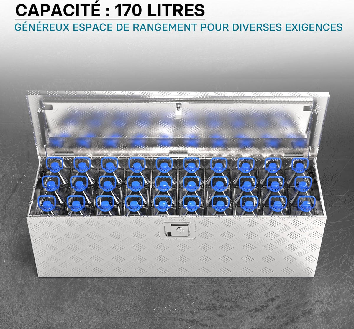 Wiltec Caisse à outils en aluminium – 124 x 37 x 38 cm – 170 litres – Boîte à outils alu ondulé – Vérins à gaz, poignées – Transport Rangement