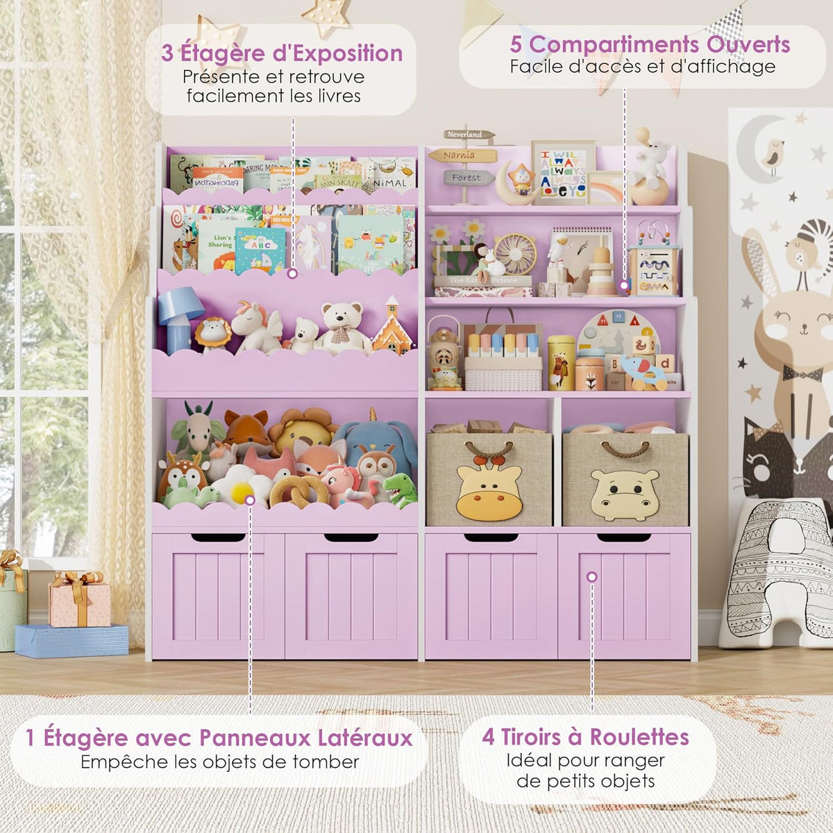 FOREHILL Meuble Rangement Enfant Bibliothèque Enfant avec 4 Boîtes Amovibles 9 Étagères Rangement Jouet pour Chambre d’Enfants Salle de Jeu 125x40x120 cm Couleur Lavande
