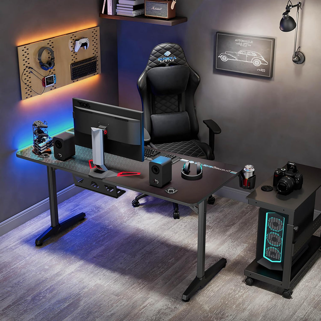EUREKA ERGONOMIC Bureau Gaming 152x70cm Bureau Gamer Bureau Informatique PC Grand avec Tapis de Souris, Porte-gobelet,Crochet pour Casque et Support de Manette