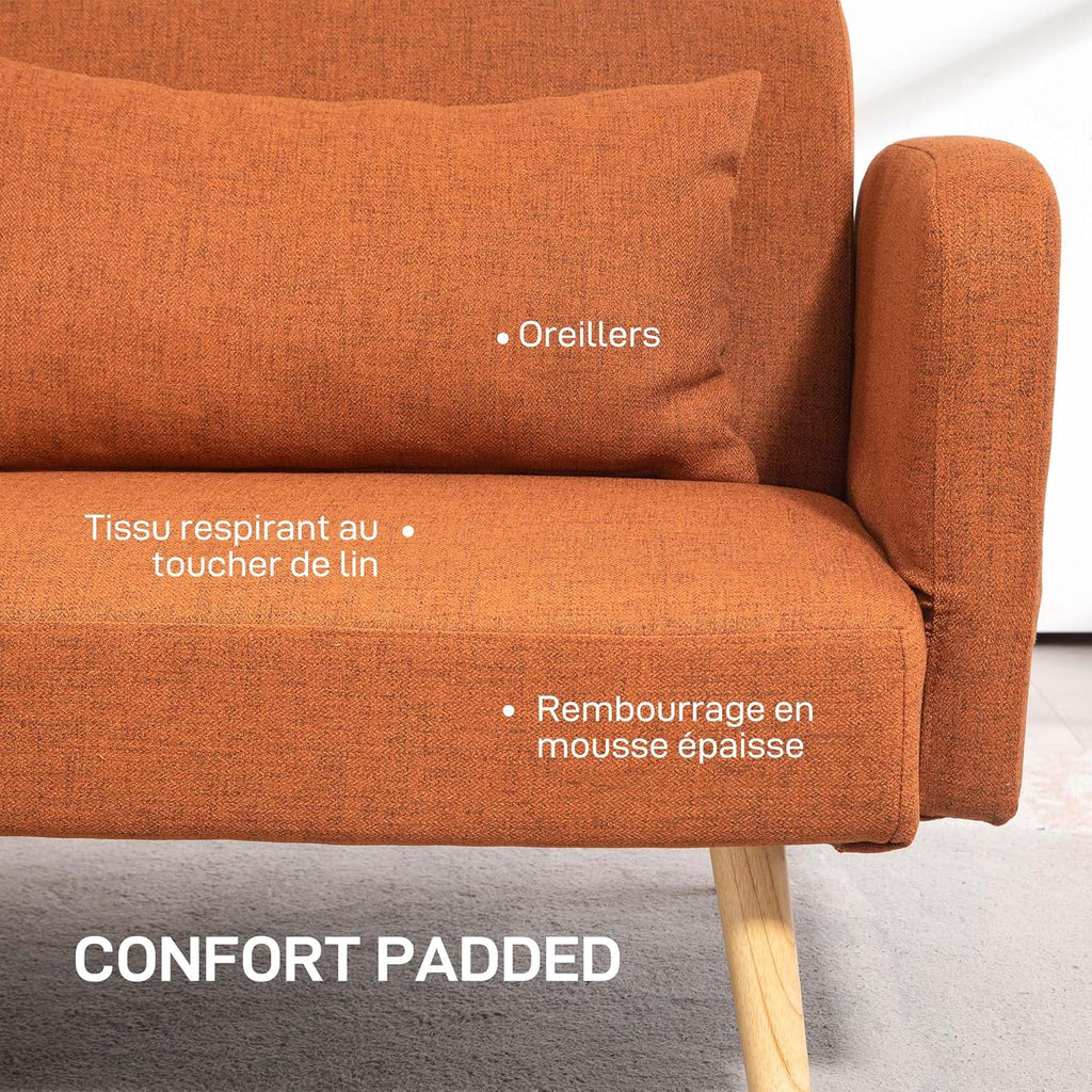 HOMCOM Canapé Convertible 3 Places, canapé-lit 2 Places, Dossier inclinable et accoudoirs réglables, clic clac en Tissu Effet Lin, Pieds en Bois Massif, 2 Coussins lavables, Marron