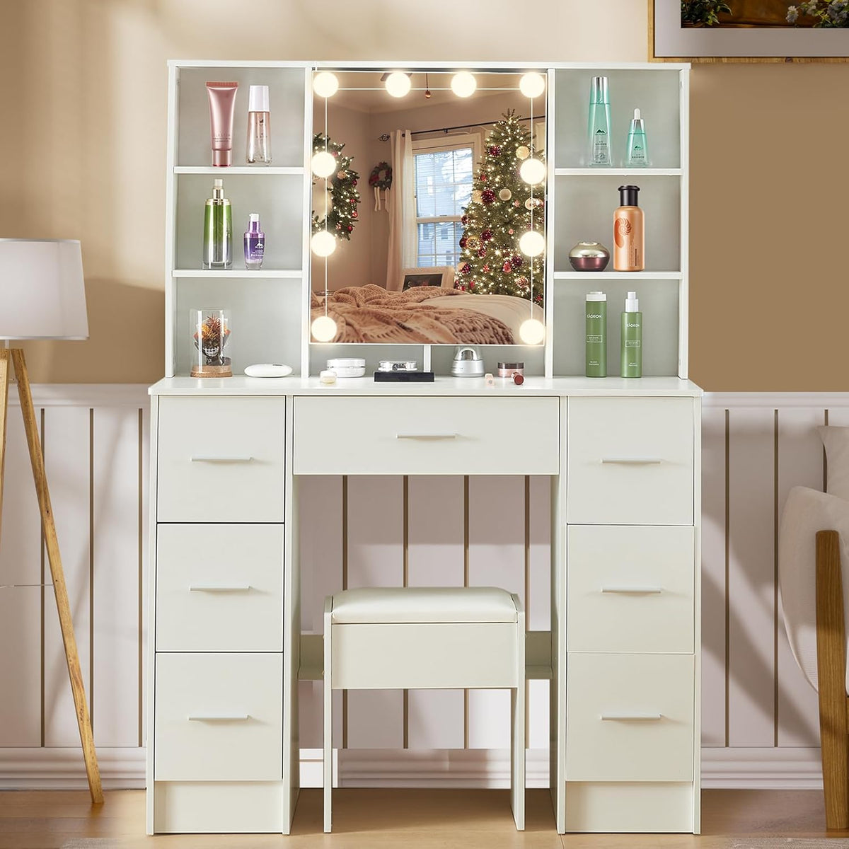 Buildonely Grande coiffeuse avec éclairage et tabouret, 100 x 40 x 140 cm, 3 températures de couleur et luminosité réglable, coiffeuse avec miroir, moderne, blanche 2 poignées