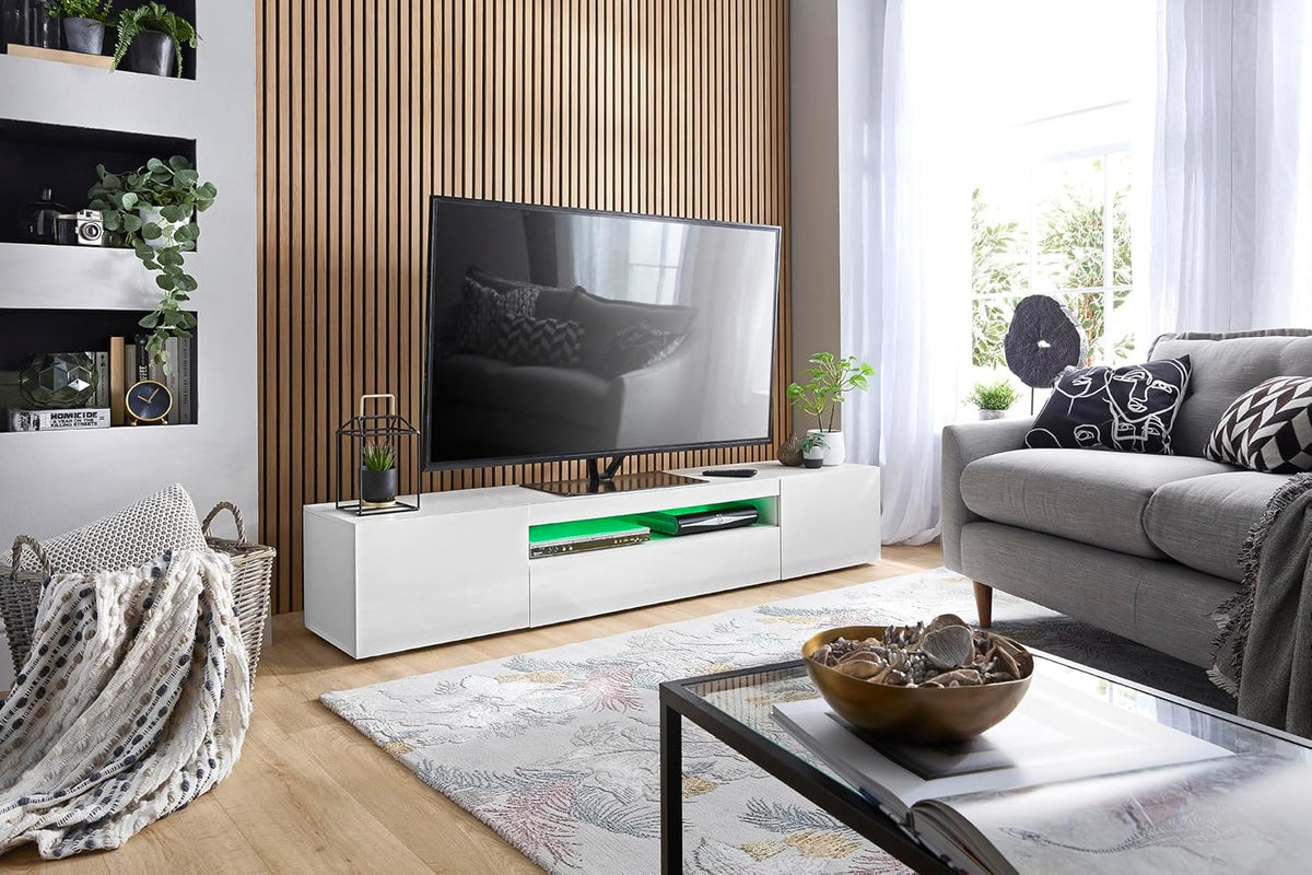 MMT DAIQ2000 Meuble TV pour TV 4K 65/70/75/80" avec lumières LED 200 cm de Large Blanc
