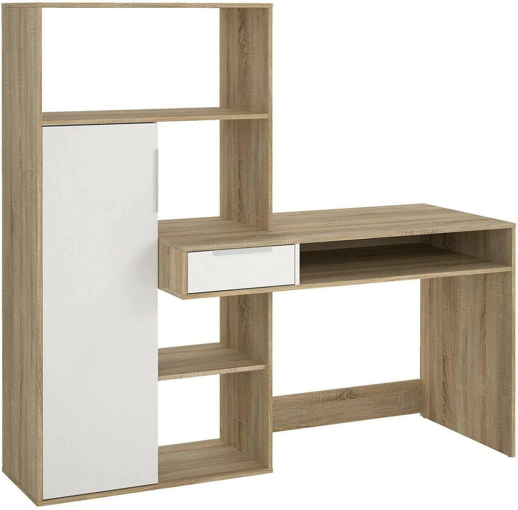 Dmora - Bureau multifonction avec bibliothèque, tiroir et porte, coloris blanc et chêne, 162 x 155 x 60 cm