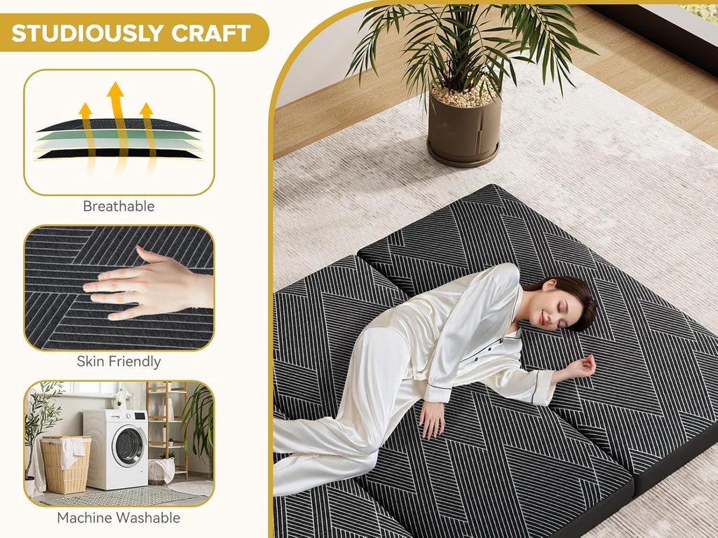 Vamcheer Matelas Pliant Extra Épaisse - Matelas d'Appoint Pliable en 3 Parties 15cm, Matelas Pliable pour Adulte, Housse Amovible Lavable, Camping 120 x 195 x 15 Anthracite
