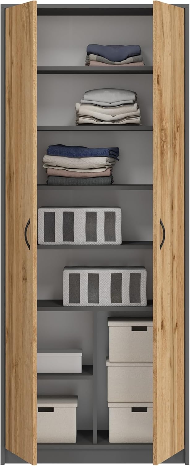 Armoire Wotan multi-usages 2 portes 8 compartiments - Bibliothèque - Bureau - Ménage - 180 x 74 x 35 cm (graphite/chêne)