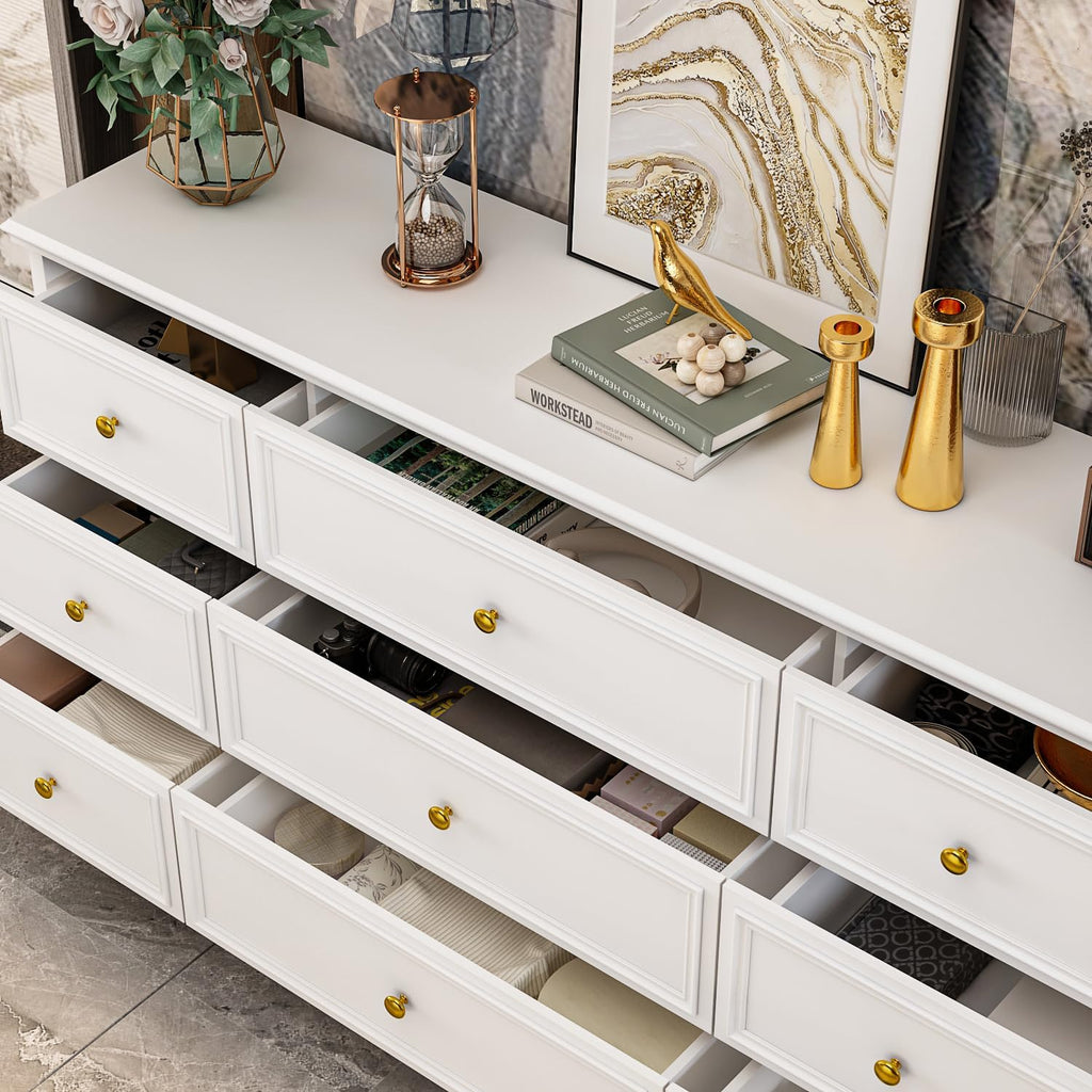 PREMTURE Commode blanche avec 9 tiroirs, commode pour salon, MDF, 160 x 40 x 80 cm, panneau MDF épais JRDE0005-3900