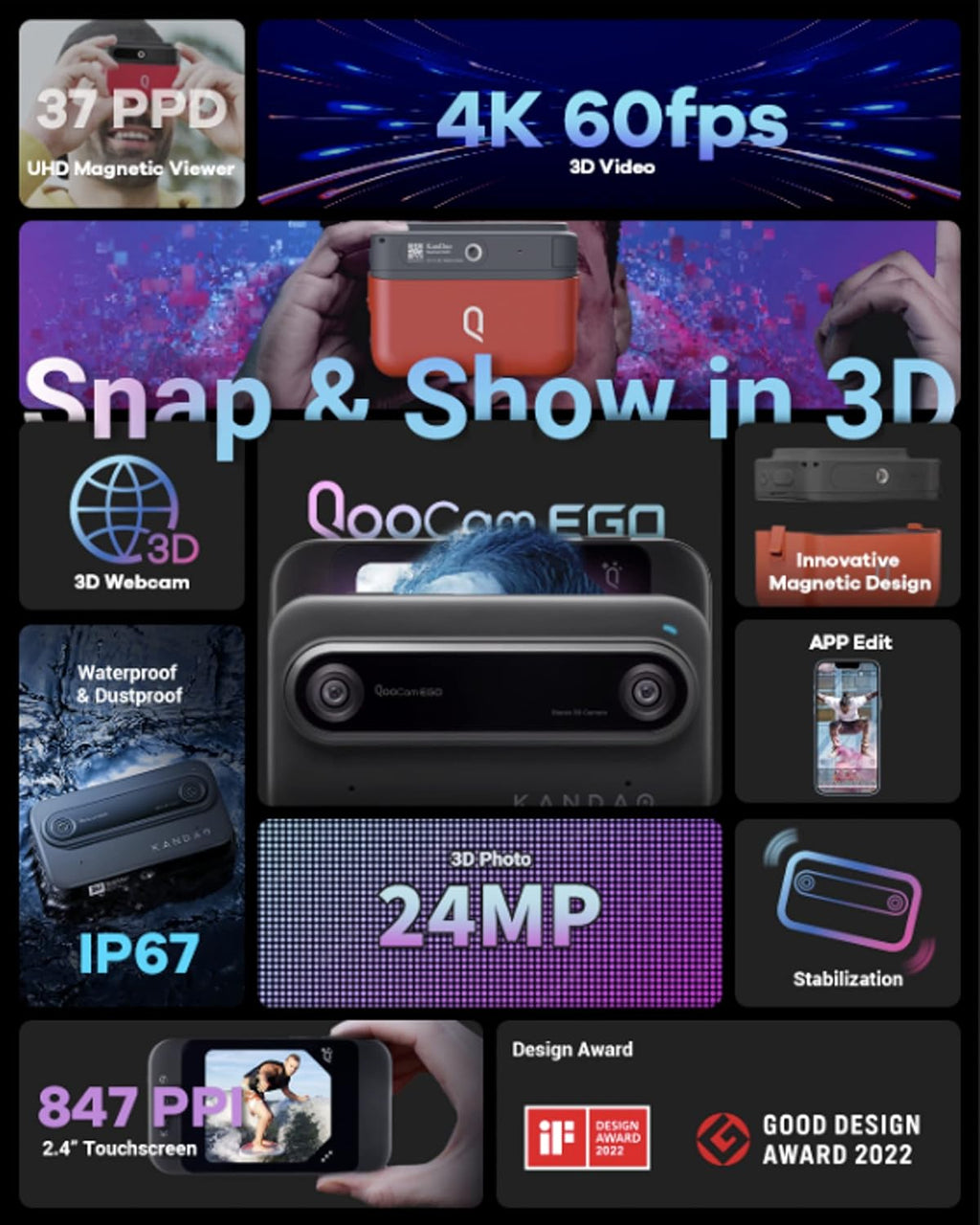 KanDao QooCam Ego - Caméra 3D intégrée avec visionneuse, vidéos 4K, Affichage stéréoscopique instantané, idéale pour Les Voyages, Les fêtes, Appareil VR, Appareil Photo Noir et visionneuse 3D Rouge.