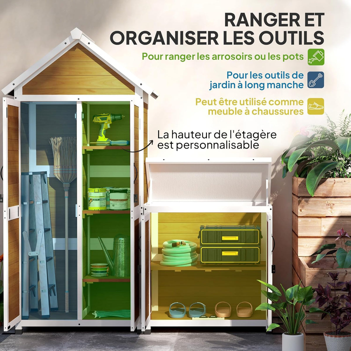 Outsunny Abri de Jardin + Armoire de Rangement en Bois, cabane de Jardin extérieur intérieur avec Toit incliné en Asphalte, étagères et Portes verrouillables, Armoire à Outils pour Balcon, Naturel