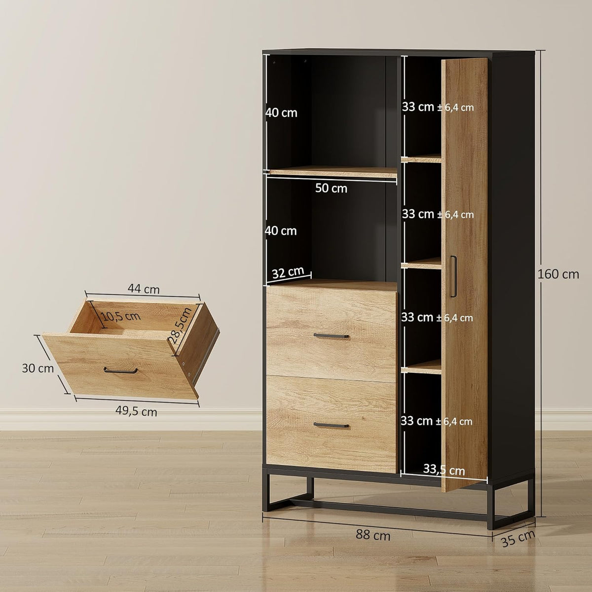 HOMCOM Buffet haut cuisine, armoire de cuisine, vaisselier, 2 tiroirs, placard à porte, 2 niches ouvertes, étagères réglables, meuble de rangement moderne, pieds en acier, 88x35x160cm, noir et naturel