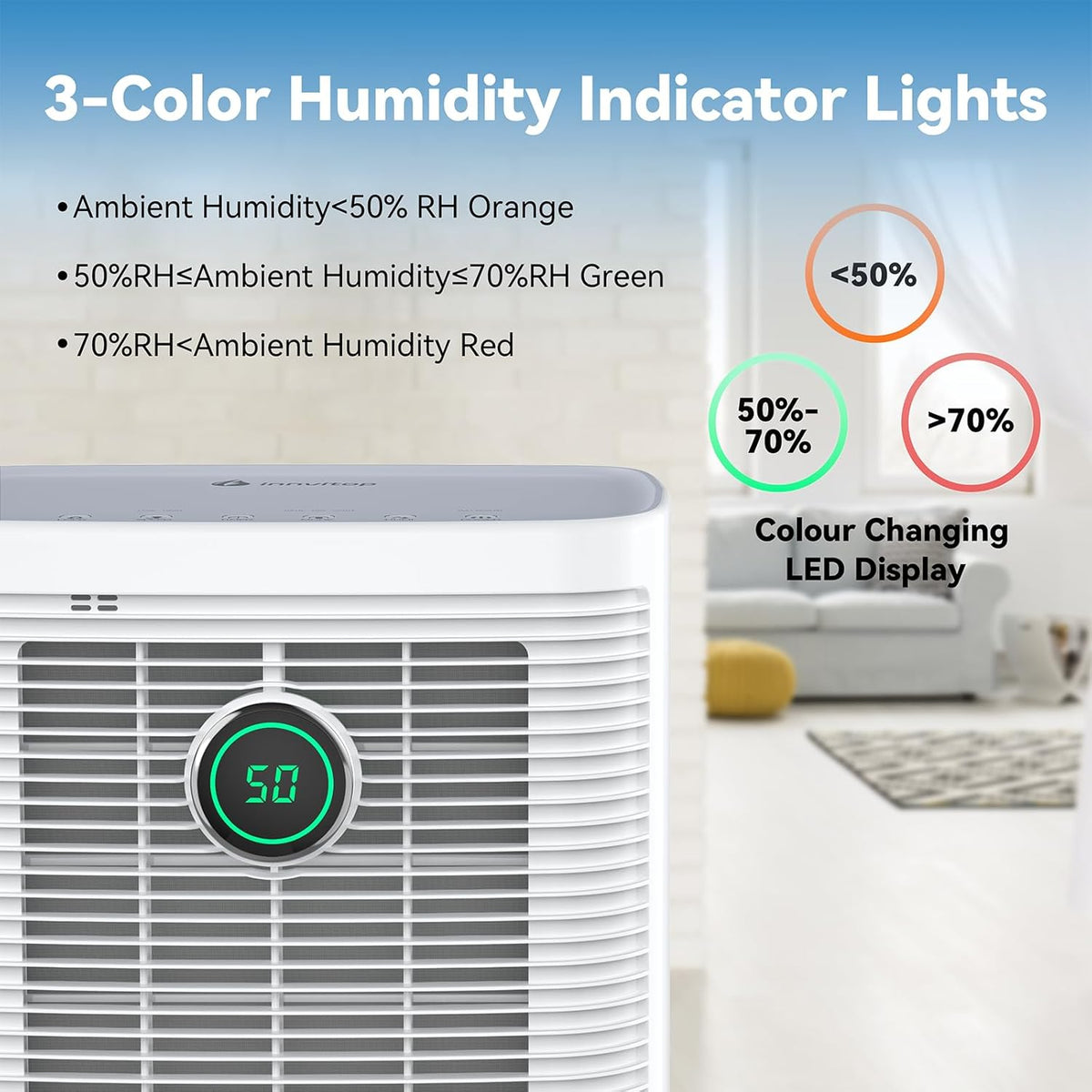 Innvitop Deshumidificateur d Air Electrique 12L/Jour Con Display d’Humidité, 3 Modes, Anti Moisissure, Déshumidificateur Maison ave Mode Séchage des Vetements, Arrêt Temporisé, Cave, Chambre, Bain