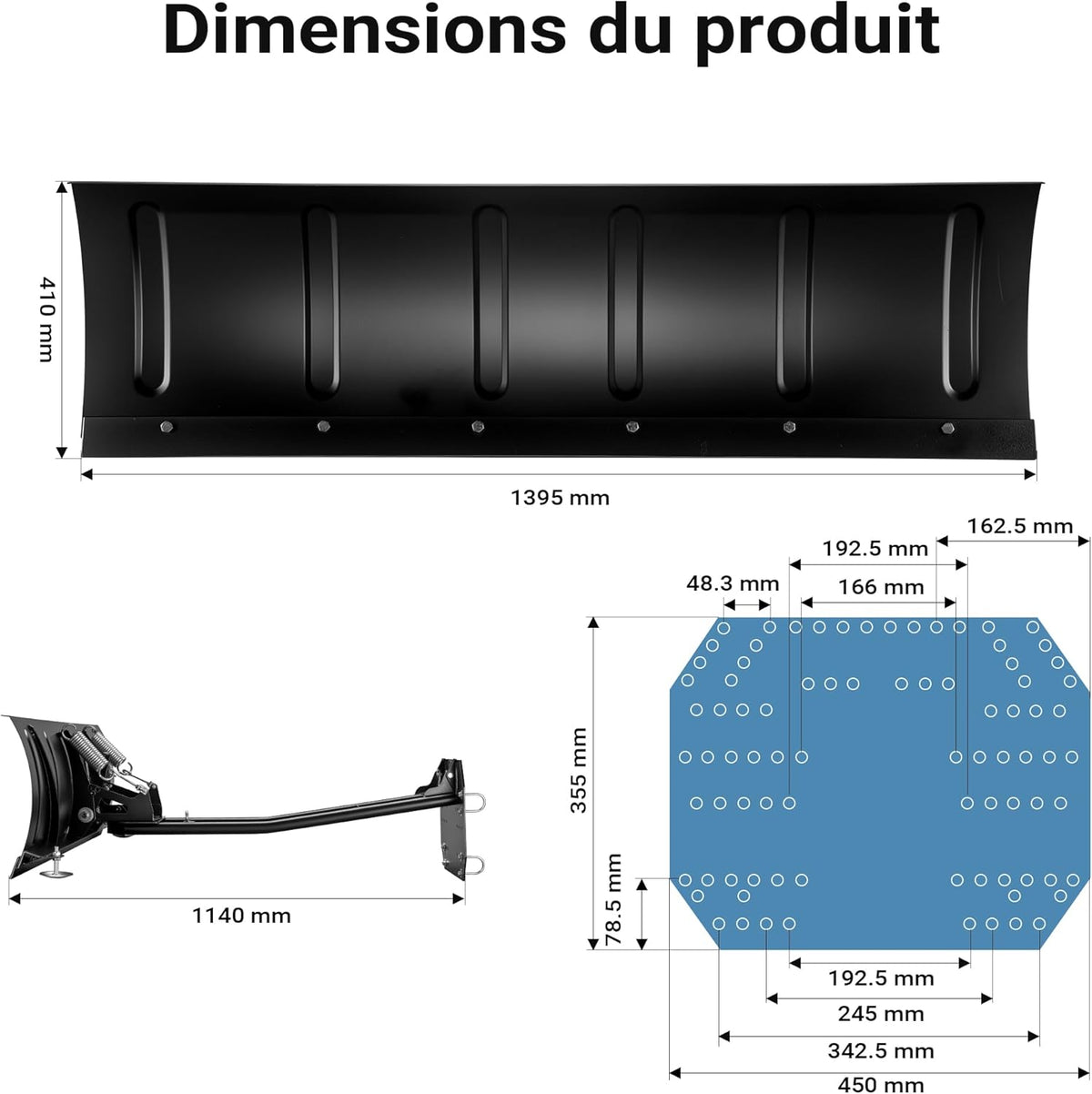 Wiltec Lame Chasse Neige Frontale pour Quad – 140 x 40 cm – Réglable – en Acier – Lame pour déneigement avec Tracteurs tondeuses, ATV, UTV
