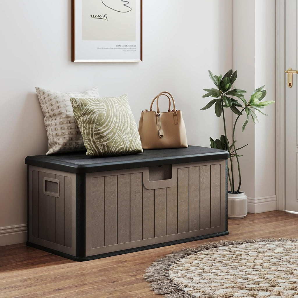 COSTWAY Coffre de Rangement Extérieure en Résine 378 L, Boîte de Rangement Imperméable avec Couvercle Verrouillable, pour des Outils Jouet Accessoires, pour Intérieur et Extérieur (Brun+Noir)
