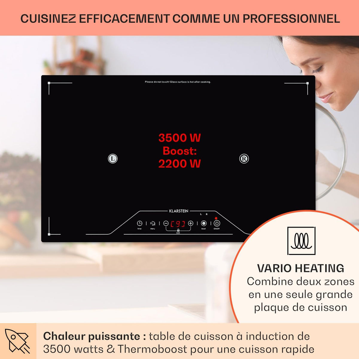 Klarstein Plaque Induction Encastrable 3500W, Table de Cuisson Induction en Zone Libre, Contrôle Tactile, Verre Céramique, 3500 W