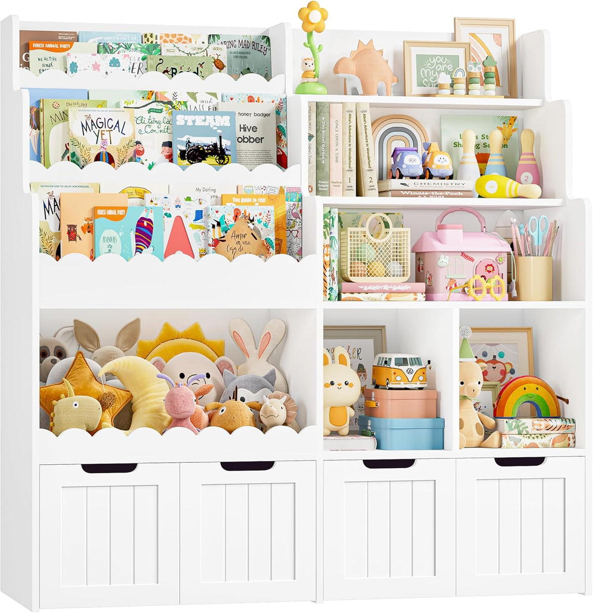 FOREHILL Meuble Rangement Enfant Bibliothèque Enfant avec 4 Boîtes Amovibles 9 Étagères Rangement Jouet pour Chambre d’Enfants Salle de Jeu 125x40x120 cm Blanc