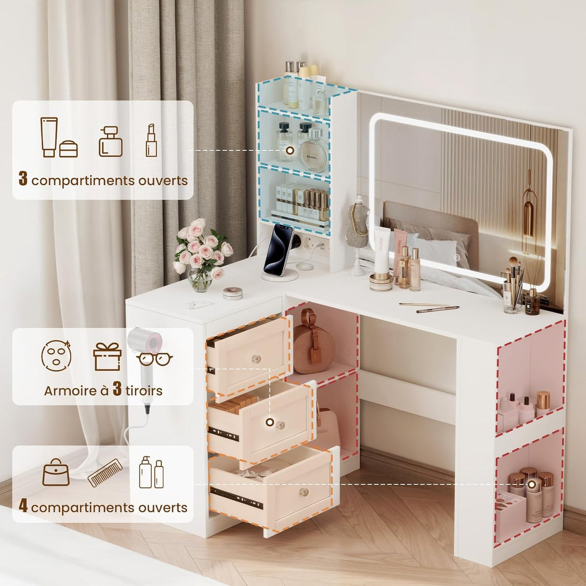 YOUDENOVA Table de maquillage avec grand miroir, coiffeuse d'angle en forme de L avec éclairage LED réglable et prises, luminosité réglable, armoire à 3 tiroirs, 7 compartiments ouverts, blanc