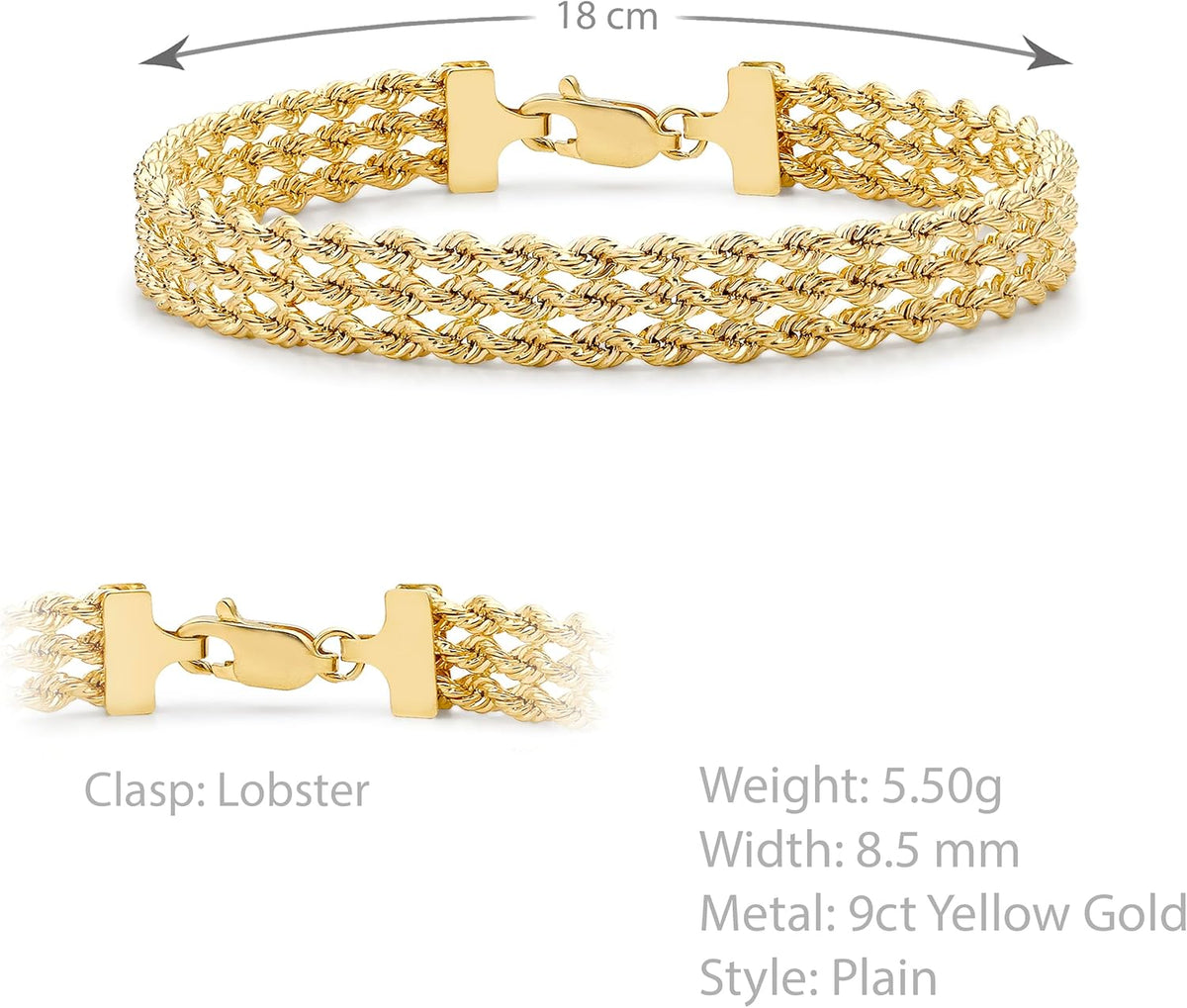CARISSIMA Femme Or Jaune 9 ct Bracelet 3 Brins Rope de 18 cm/7 pouces