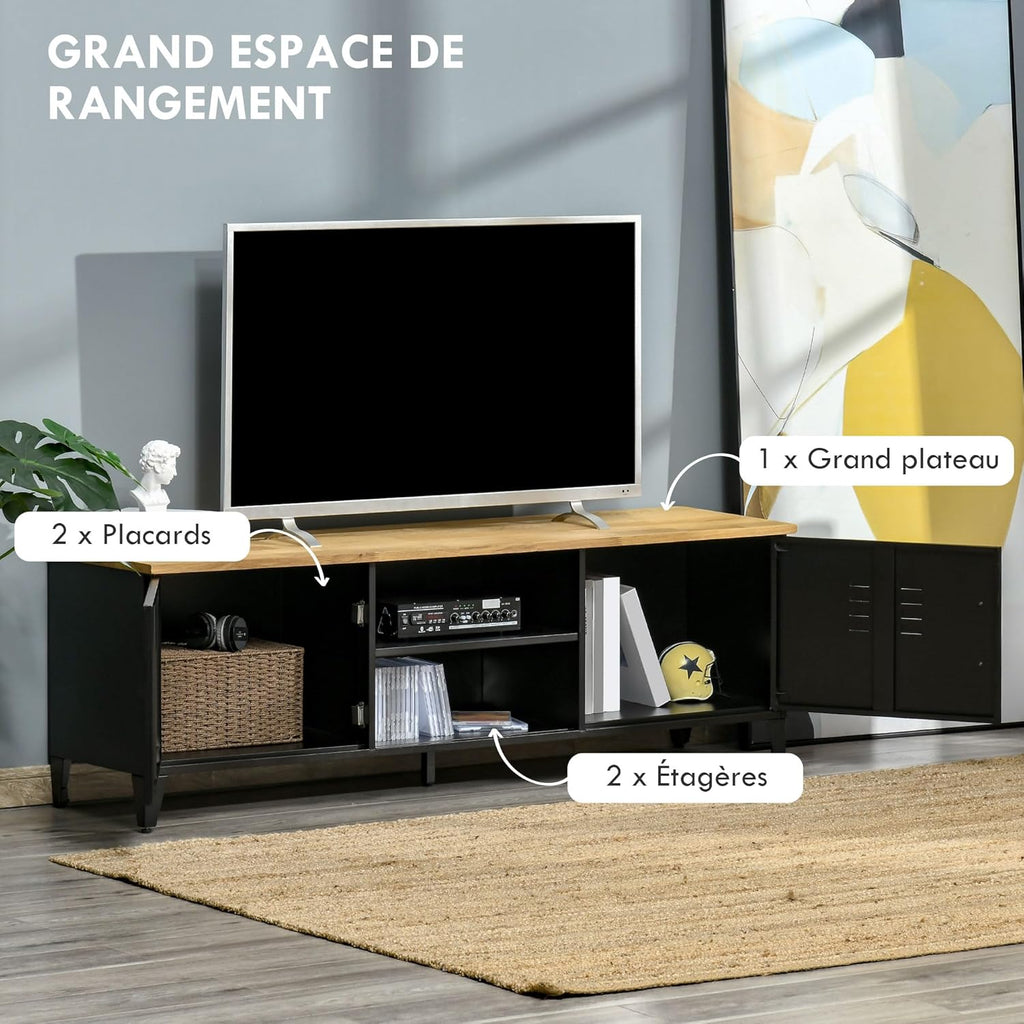 HOMCOM Meuble TV Banc TV pour téléviseurs de 55'' avec 2 Placards Pieds Réglables Cadre métalique Noir Plateau en Bois Naturel 150 x 40 x 50 cm
