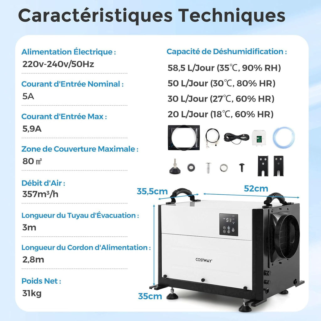 COSTWAY Déshumidificateur Professionnel, Déshumidificateur Industriel avec 3 Modes Minuterie de 24 H Tuyau de Vidange et Dégivrage Automatique, pour Entrepôt Sous-sol (58,5 L/Jour,Noir)
