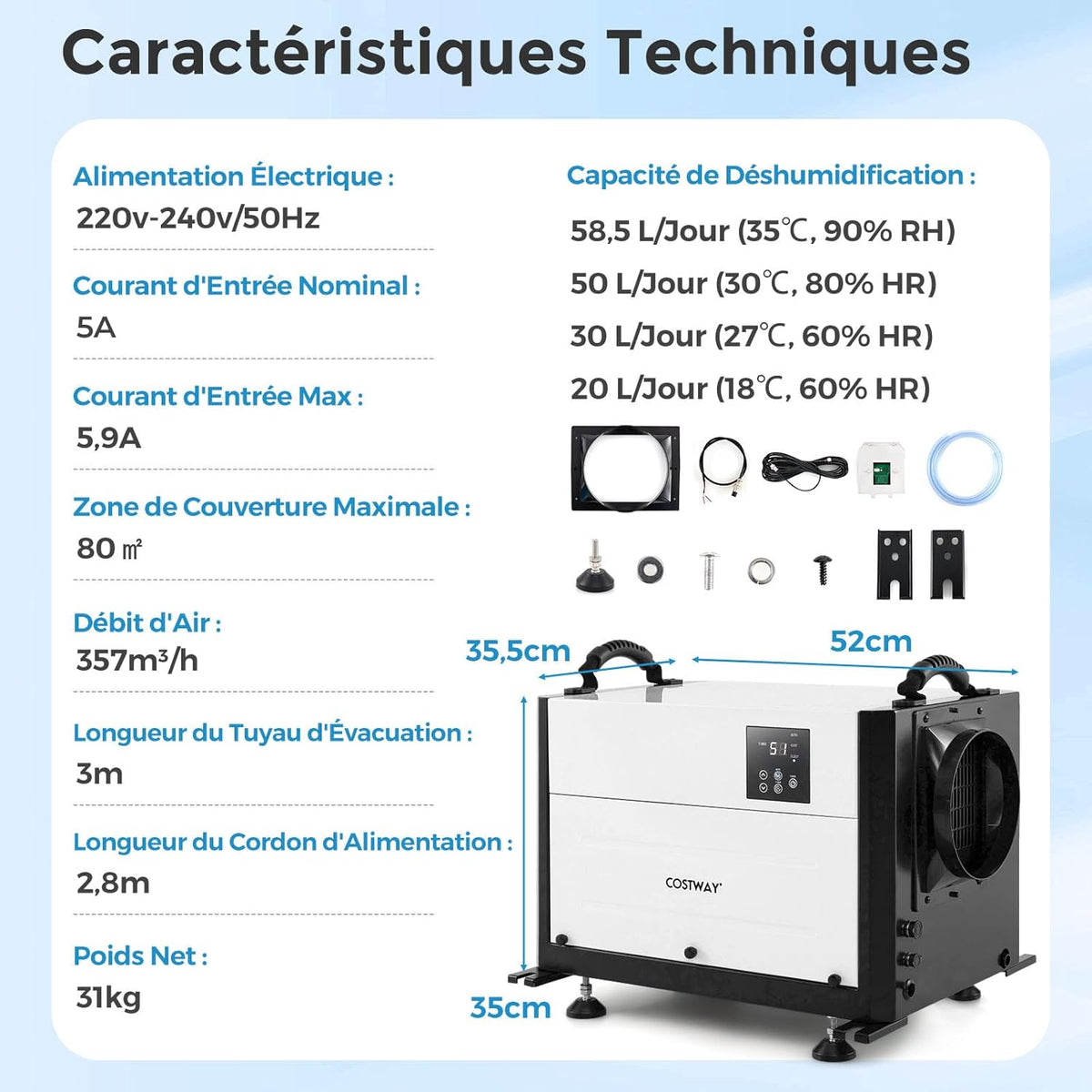 COSTWAY Déshumidificateur Professionnel, Déshumidificateur Industriel avec 3 Modes Minuterie de 24 H Tuyau de Vidange et Dégivrage Automatique, pour Entrepôt Sous-sol (58,5 L/Jour,Noir)
