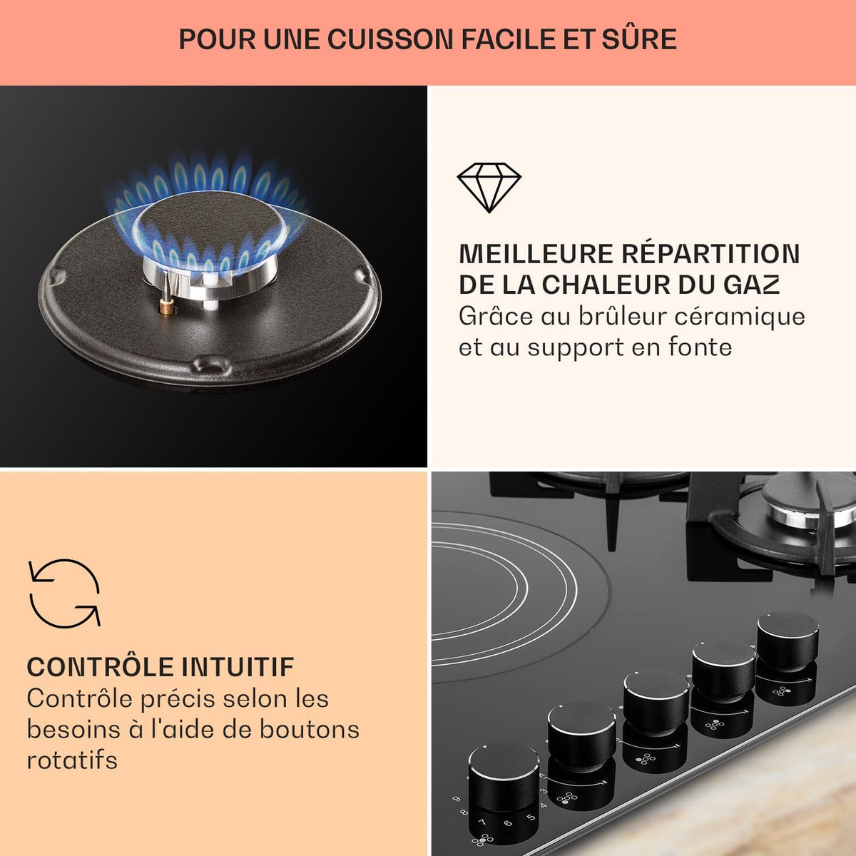 Klarstein Plaque de Cuisson Mixte Gaz et Vitrocéramique 5 Feux, Table de Cuisson Vitro de 9.2 kW en Acier Inoxydable